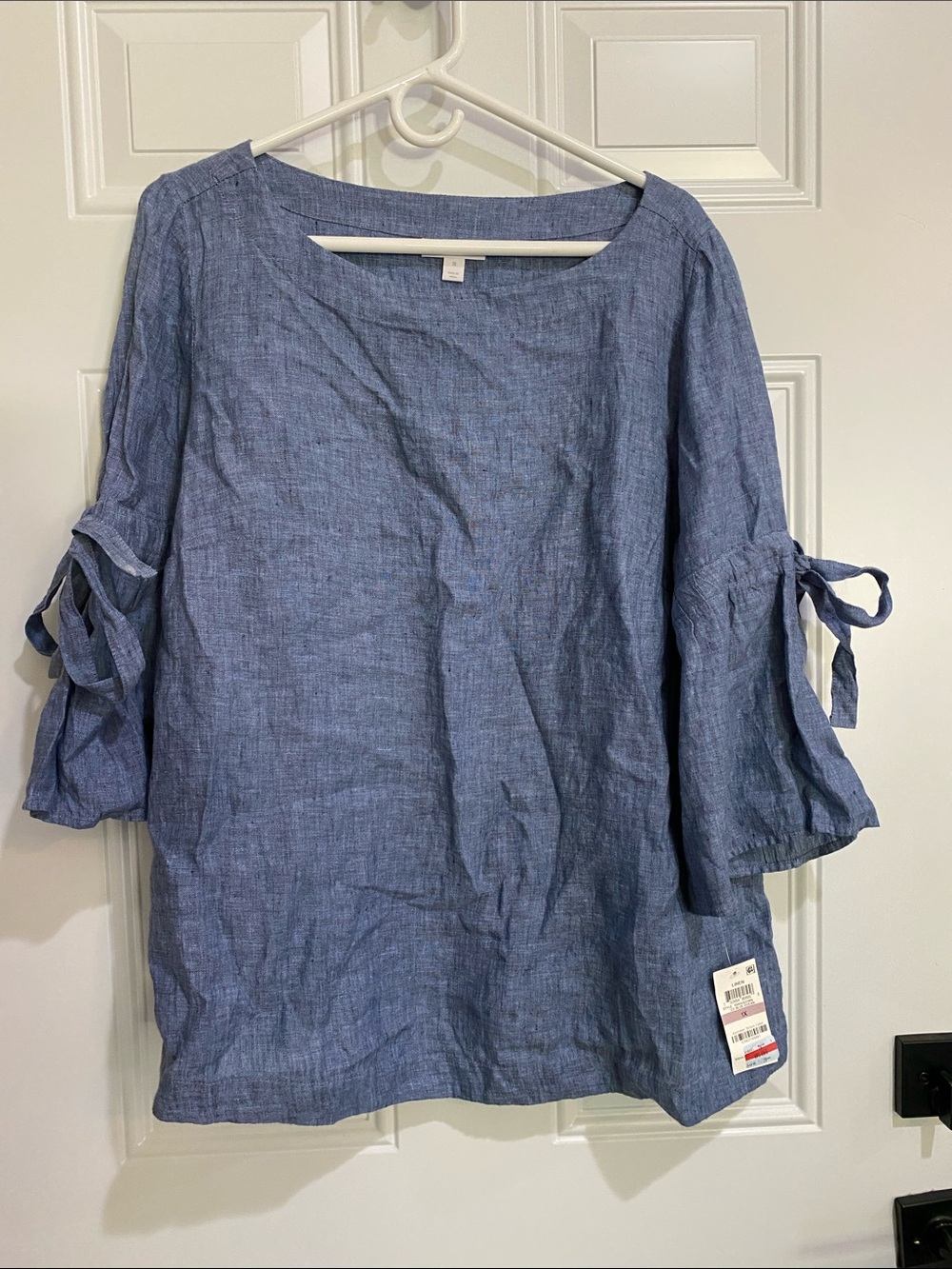 Charter Club Chambray Blue Tie-Sleeve Linen-Blend Tunic Top